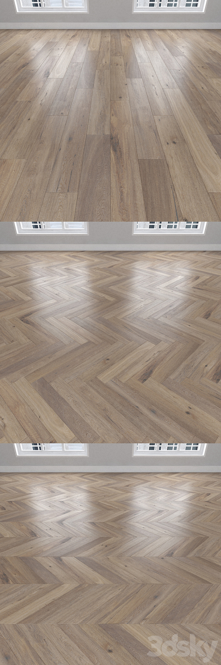 Parquet Oak smoked 3 kinds: herringbone linear chevron. 3D Model