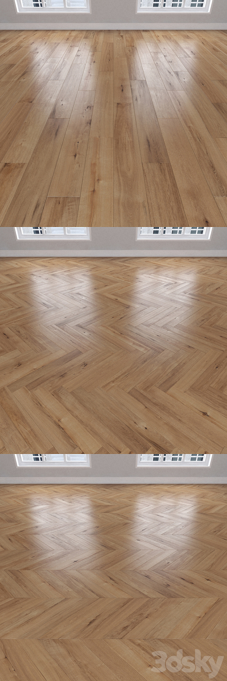 Parquet Oak 3 types: herringbone linear chevron. 3D Model