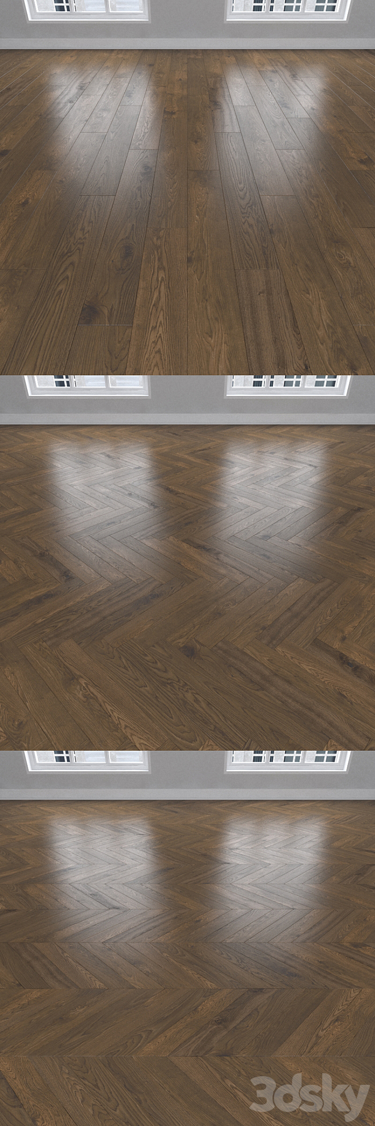 Parquet earthy oak 3 species: herringbone linear chevron. 3D Model