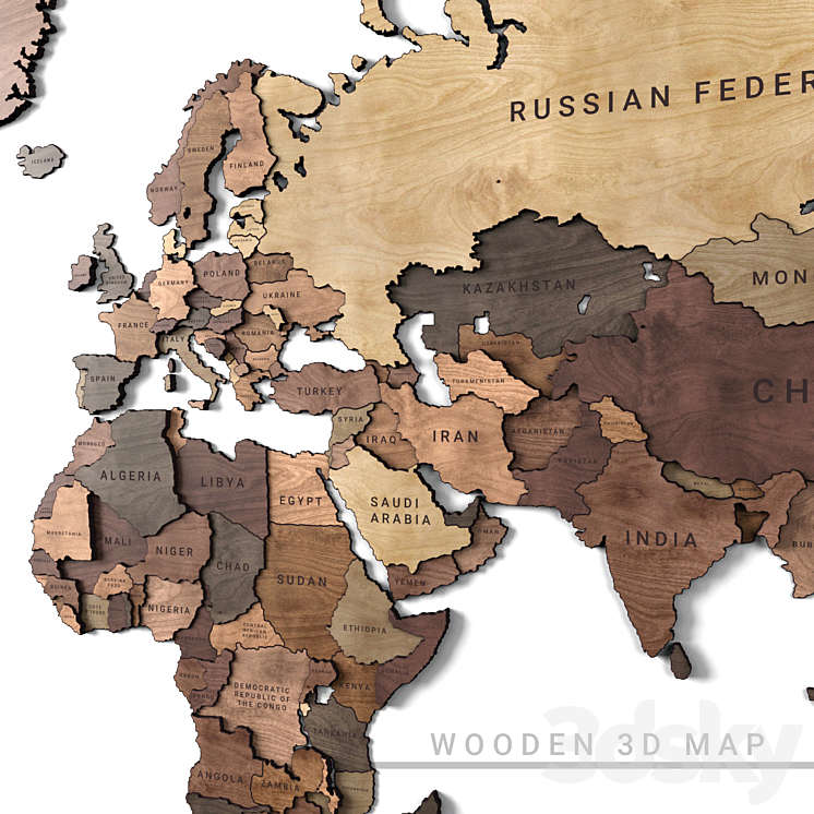 Wooden panel - world map 2 3D Model