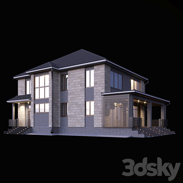Two-storey house with a terrace 3DS Max - thumbnail 1
