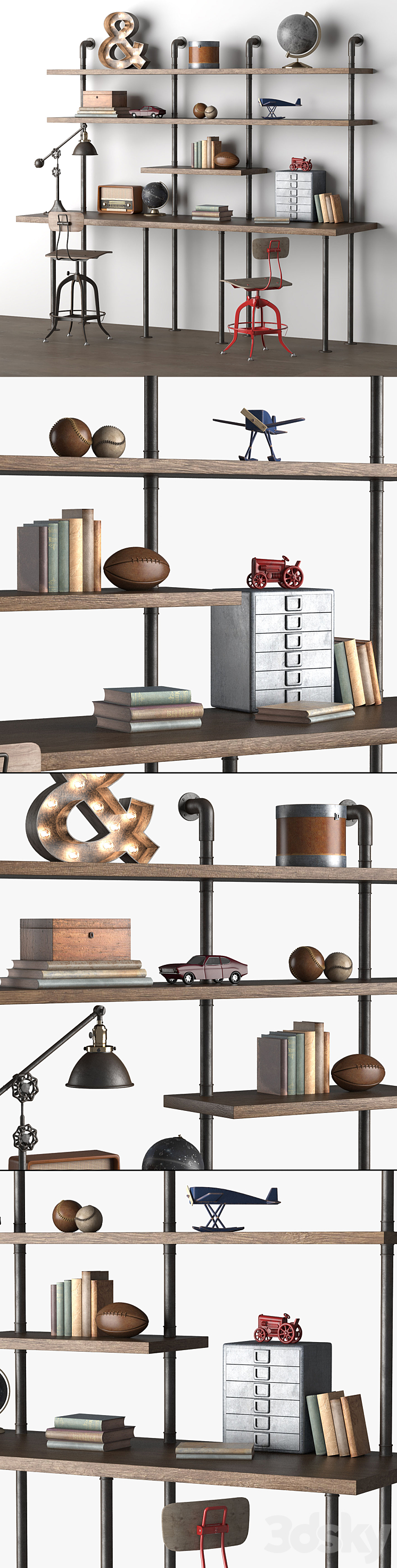 INDUSTRIAL PIPE DOUBLE DESK WITH SHELVING 3DS Max - thumbnail 2