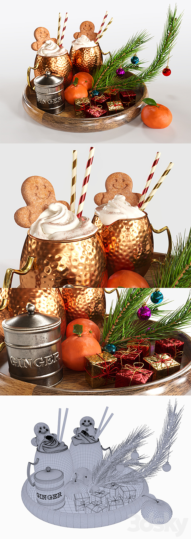 Drinks on a tray with ginger biscuits 3D Model
