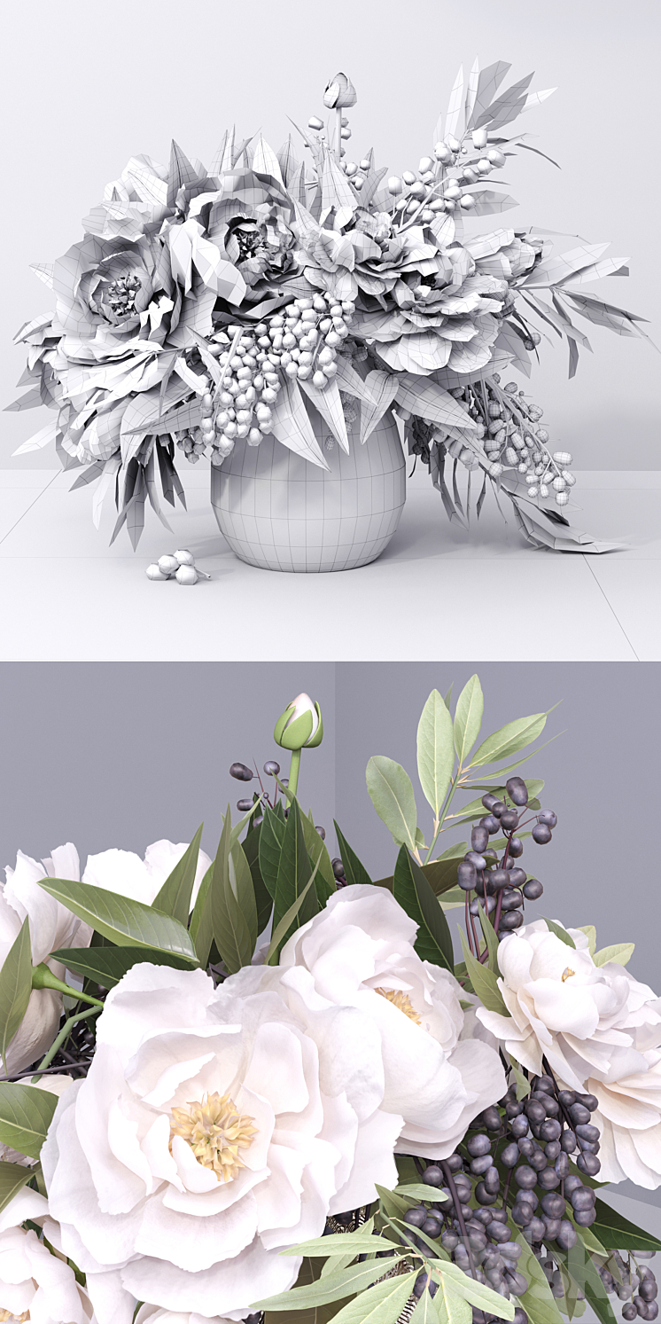 Flower Arrangement- peony grape leaf twig vase 3D Model