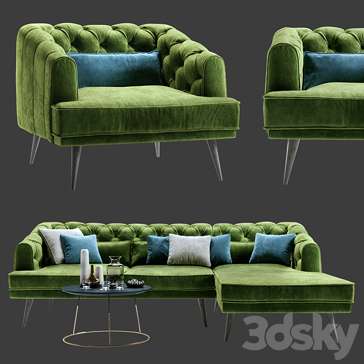 [3DSKY] Earl Gray Corner Sofa With Chaise And Armchair 3D Model NEW UPDATE 2023