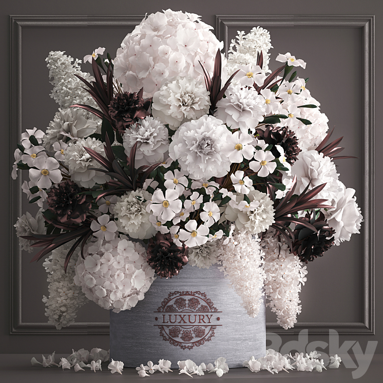 A bouquet of flowers in a gift box 88.luxury bouquet stucco frame Hydrangea lilac peonies oleander vase white bouquet luxury decor eco design table decoration composition