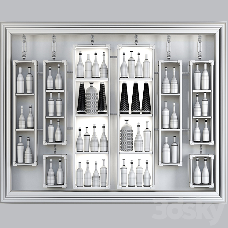 Rack with collection wine and vases 3D Model