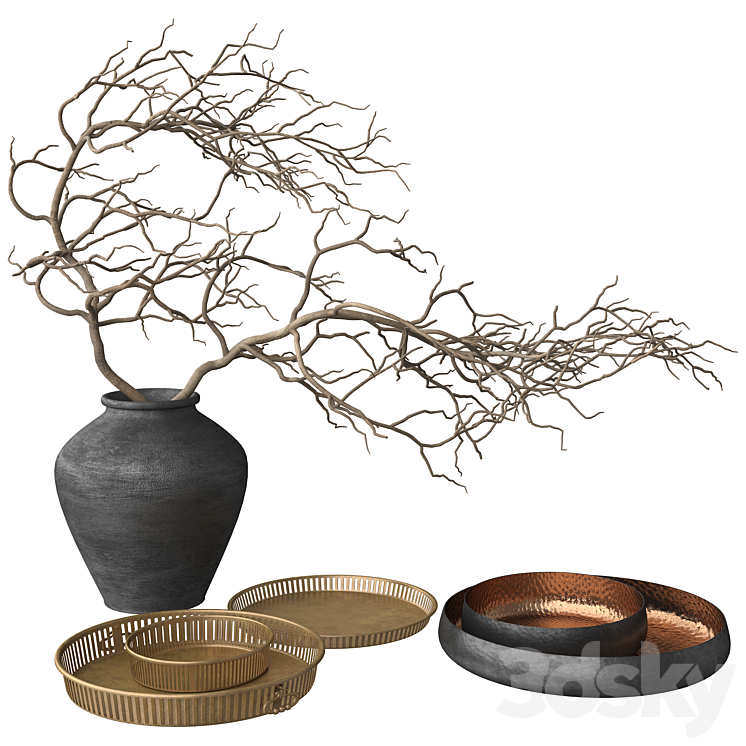 Rustic Set – Vase Branch Copper Bowl and Brass Tray 3DS Max - thumbnail 1