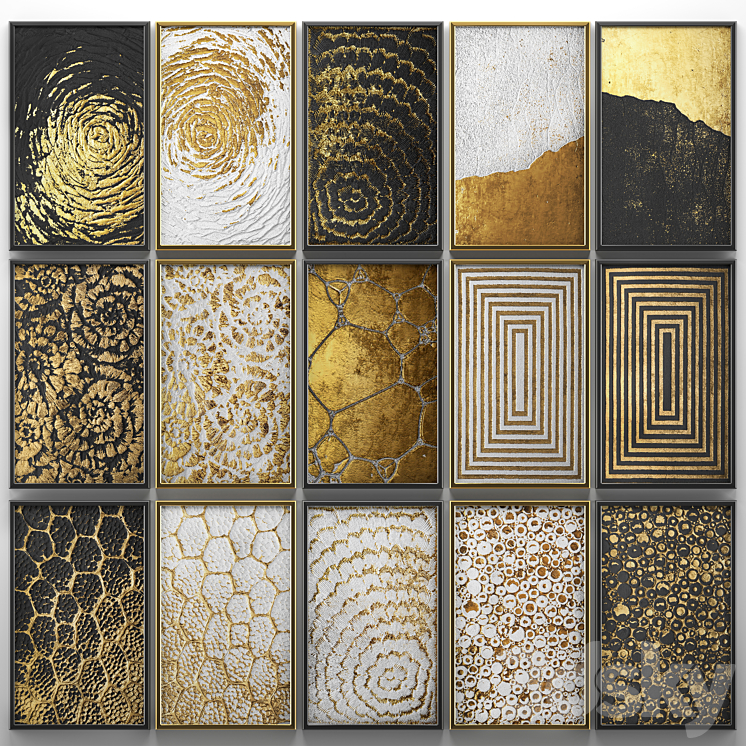 A collection of paintings. Gold. five.  wall decor a set of paintings luxury panels gold white black set decorative abstraction pattern 3DS Max - thumbnail 1