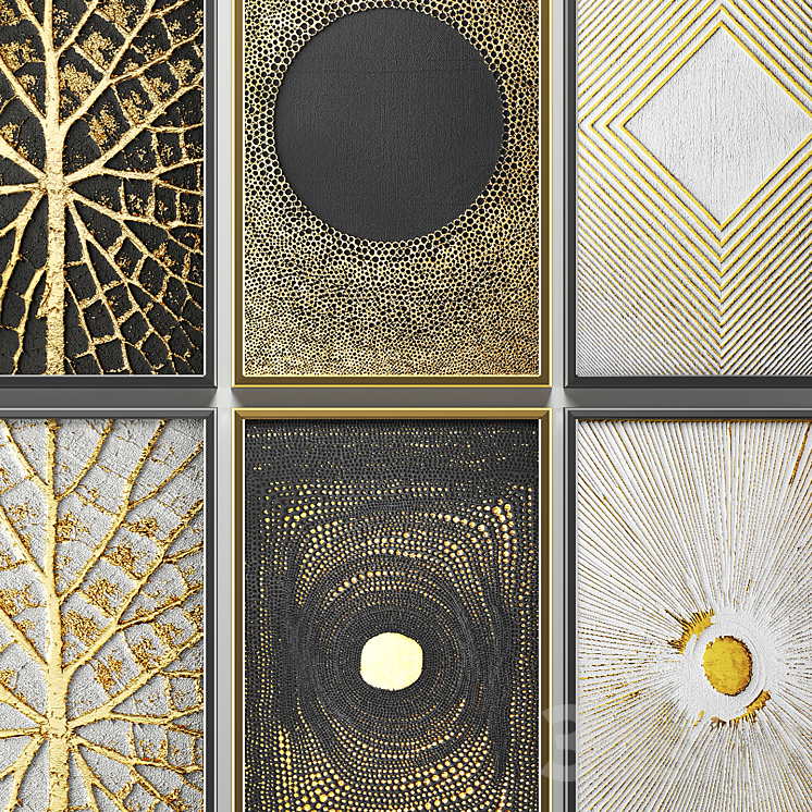 A collection of paintings. Gold. eight. wall decor a set of paintings luxury panels gold white black set decorative abstraction pattern 3D Model