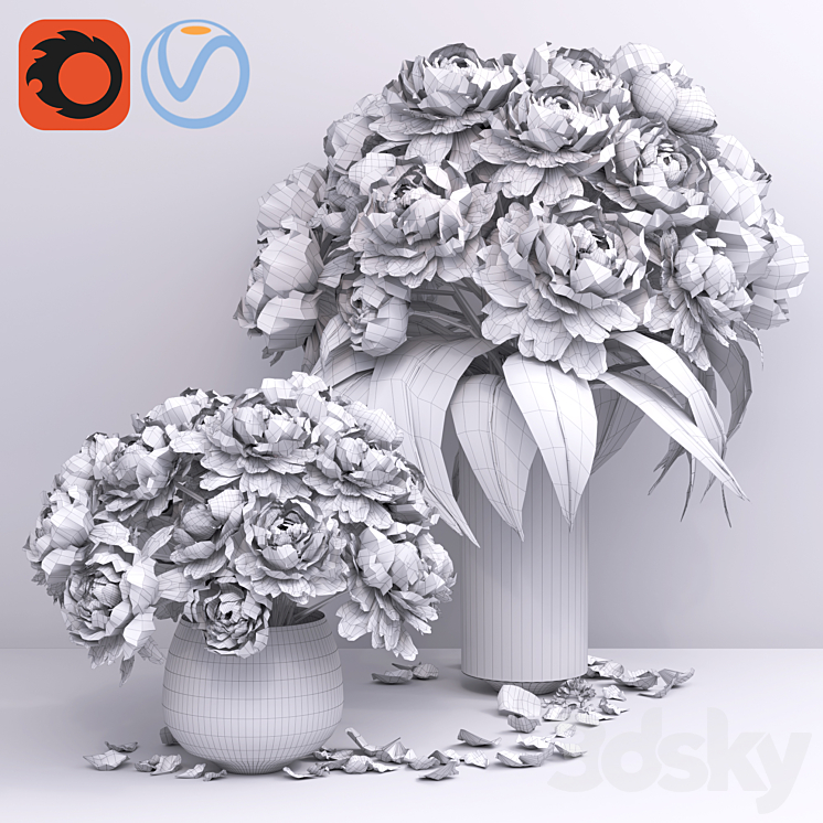 pastel pink peonies in 2 glass vases set 3DS Max - thumbnail 2
