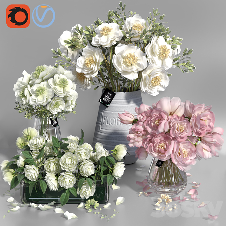 White and Pink tone Peonies cement concrete glass Vases 3DS Max - thumbnail 1