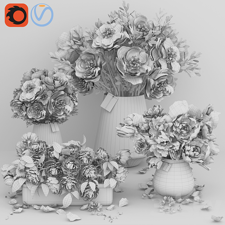 White and Pink tone Peonies cement concrete glass Vases 3DS Max - thumbnail 2