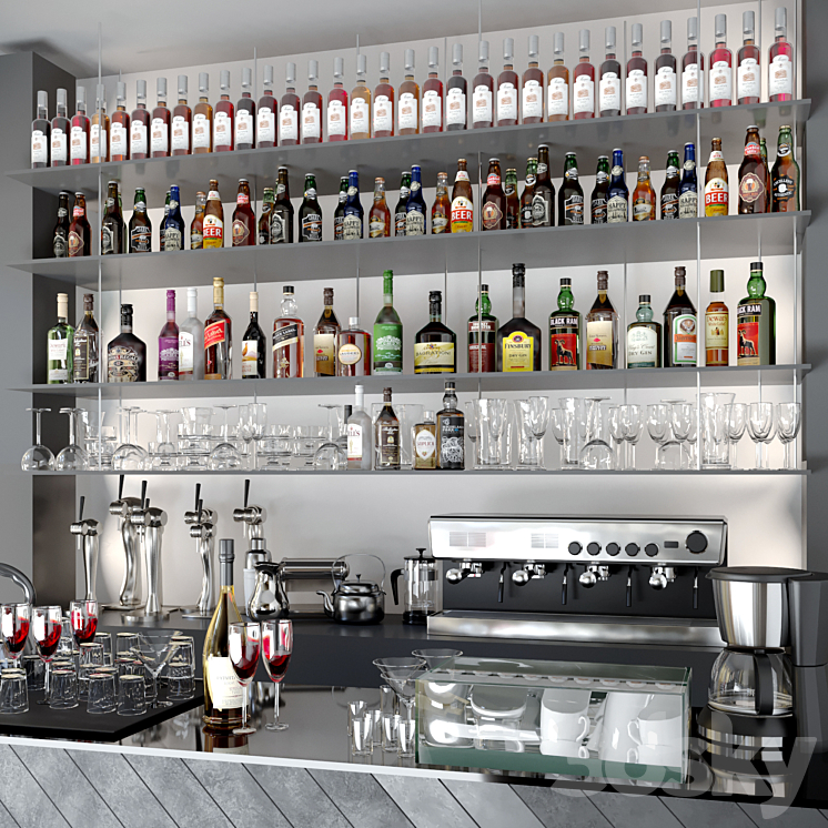 Bar counter with a collection of alcohol. Alcohol bar 3D Model