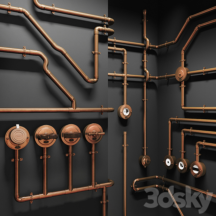 Designer wiring in metal pipes + retro sockets and switches 3D Model