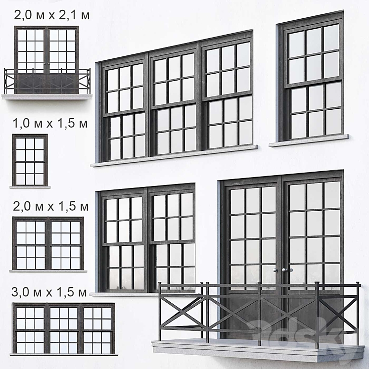 Black loft windows 3D Model