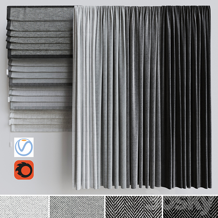 A set of curtains + a set of Roman curtains 1. Gray scale 3DS Max - thumbnail 1