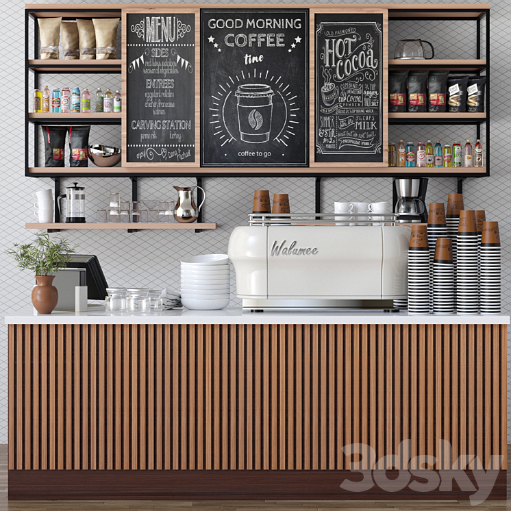 Design project of a cafe in ethnic style with a coffee machine and accessories on the shelves 3D Model