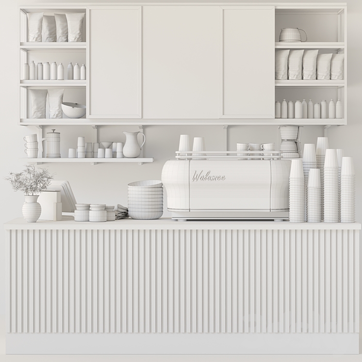 Design project of a cafe in ethnic style with a coffee machine and accessories on the shelves 3D Model