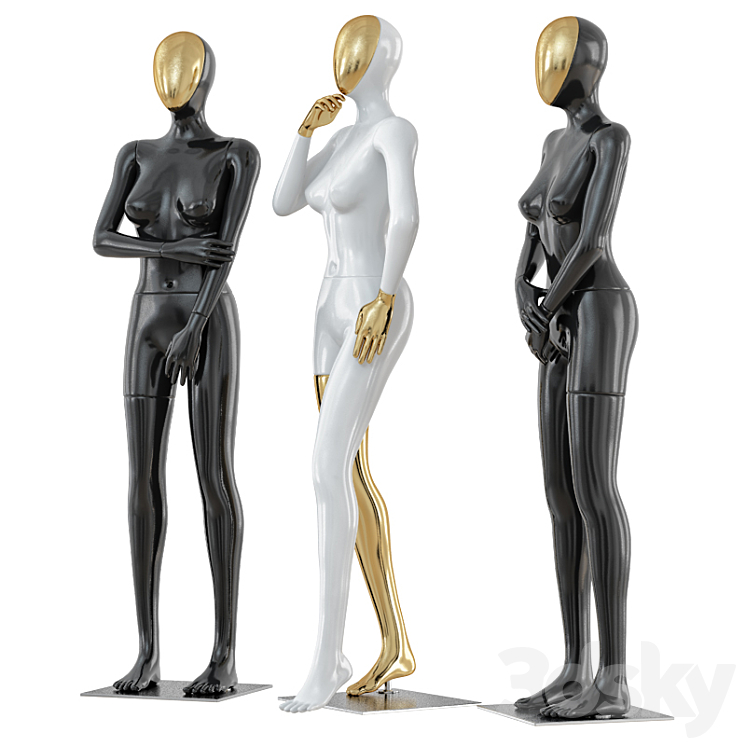 Three female mannequin with a golden face 41 3D Model