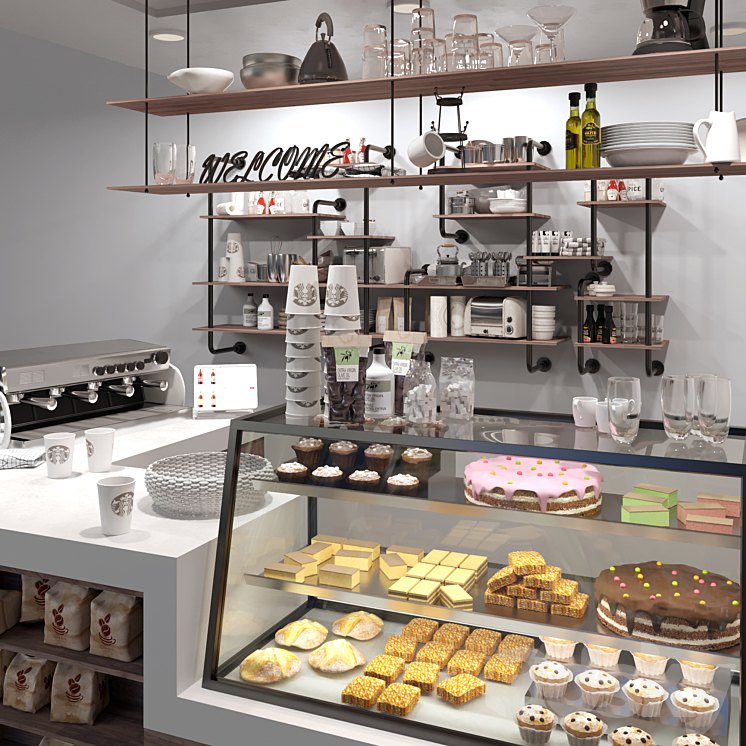 Cafe in loft style with a showcase with desserts and sweets 3. Coffee point 3DS Max - thumbnail 2