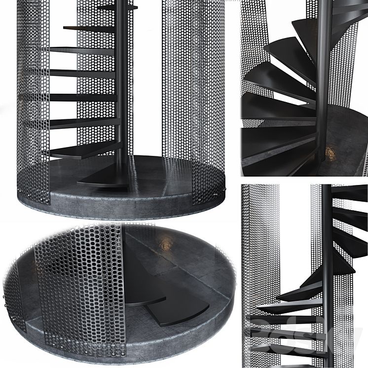 Spiral staircase Loft with perforated railing 3D Model