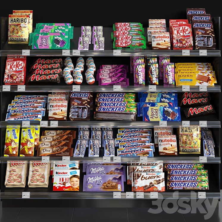 Showcase in a supermarket with sweets chocolate and other sweets 3DS Max - thumbnail 1