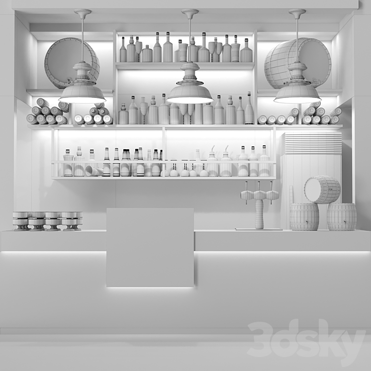 Pub with strong drinks in ethnic style with decorative kegs. Alcohol 3D Model