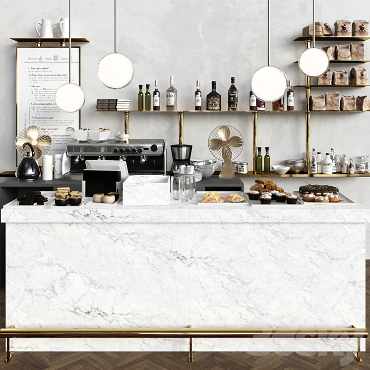 A modern cafe with a marble counter and desserts. Coffee house cake 3DS Max - thumbnail 1