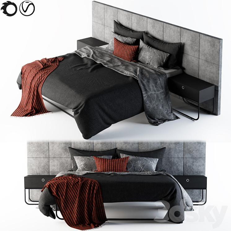 Bed Set Gray and Black Bed 3D model