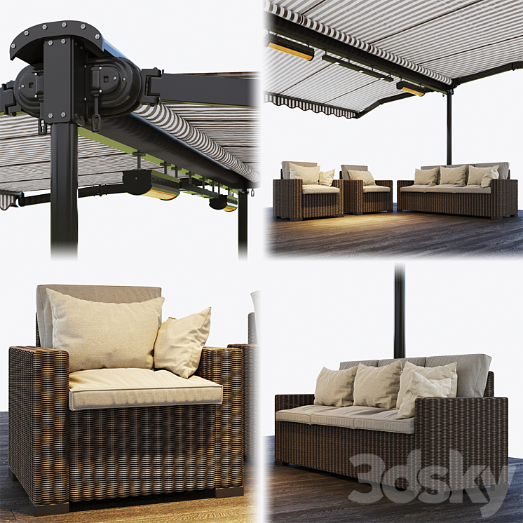 Double-sided cassette tent with rattan garden furniture 3D Model