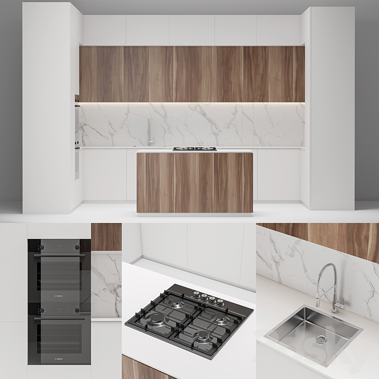 Modern white wood kitchen 3DS Max - thumbnail 1