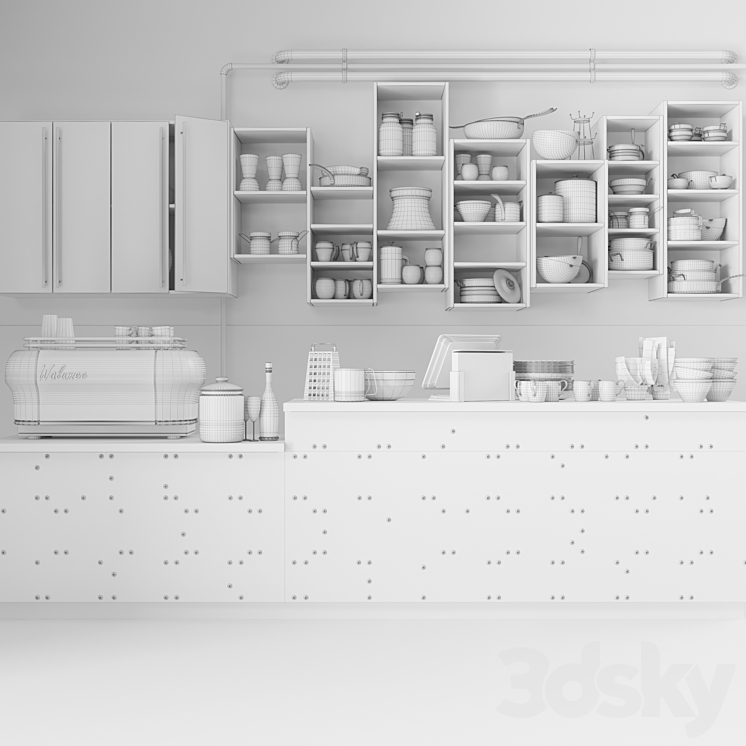The bar counter in the restaurant with a copper decor and a coffee machine. Tableware 3D Model