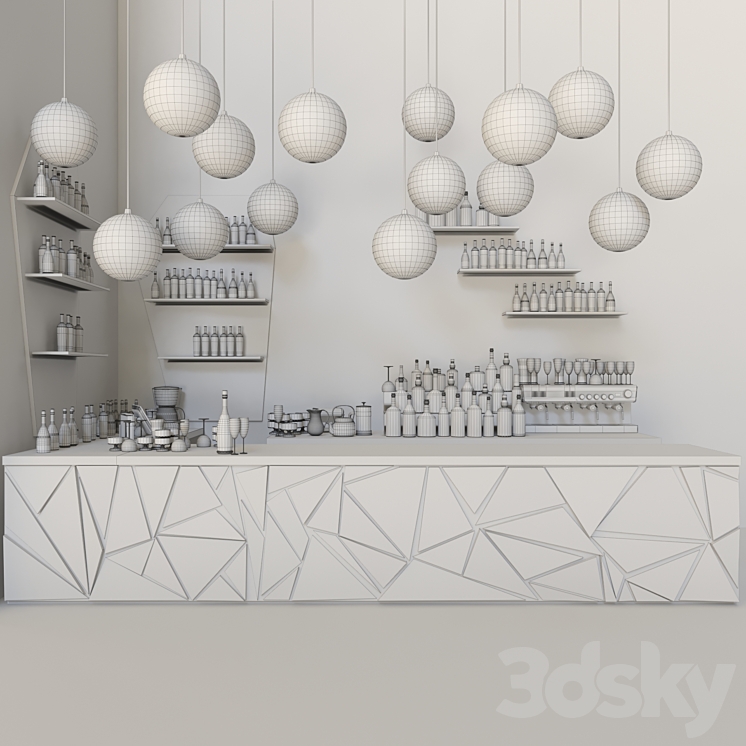 A bar counter with a beautiful backlight and a collection of alcohol. Restaurant 3D Model