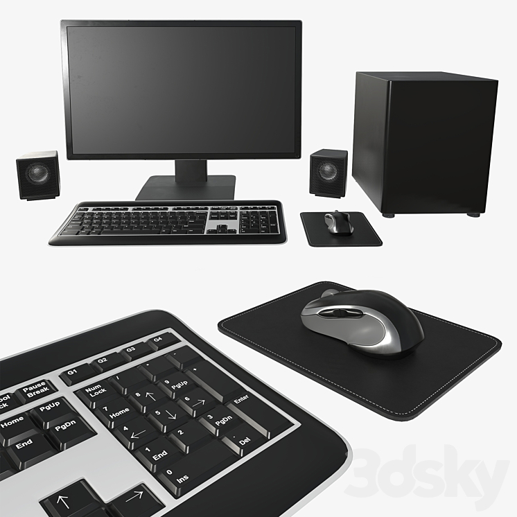 [3DSKY] Computer Monitor Keyboard Mouse Pad Speakers Woofer Set 3D Model NEW UPDATE 2023