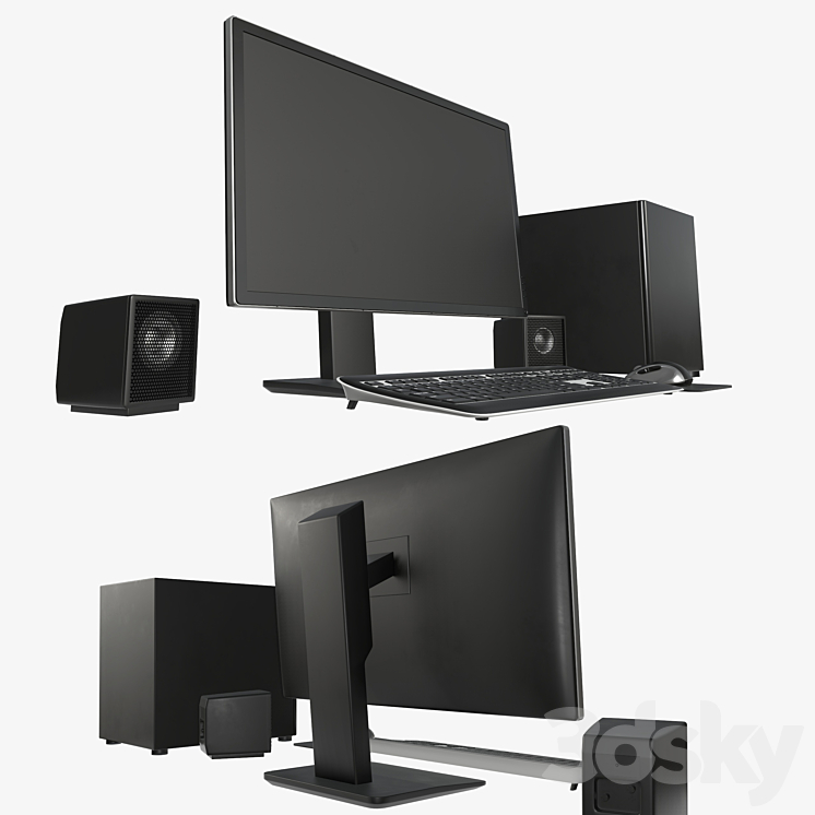 Computer monitor keyboard mouse pad speakers woofer set 3D Model