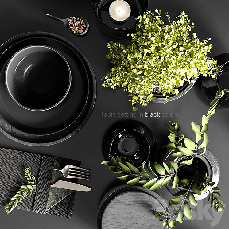 Table setting in black colors 3D Model