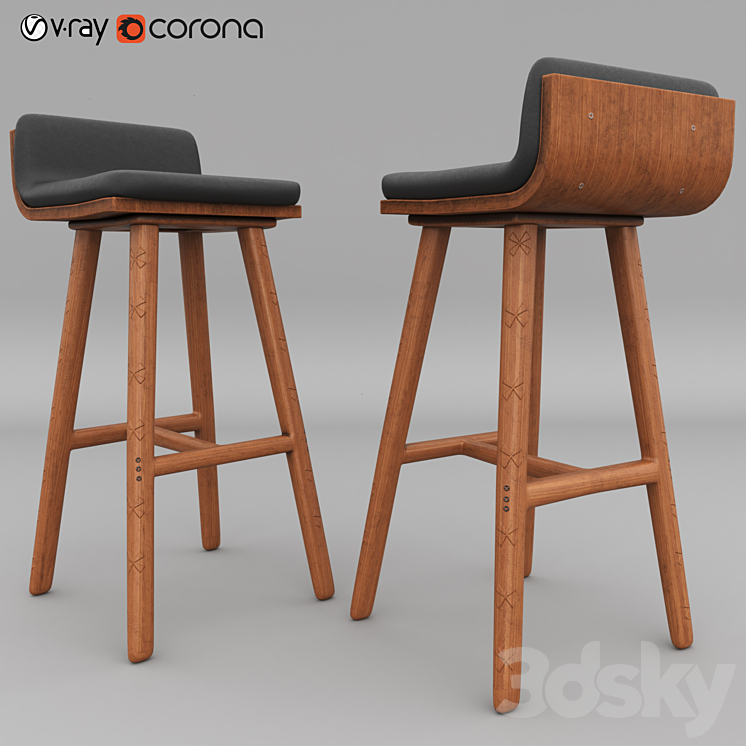 Sede Black Leather Walnut Bar Stool Chair 3D model