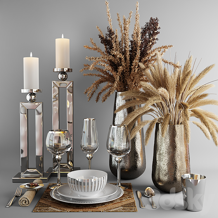 Decorative set with dishes and bouquets of dry grass 3DS Max - thumbnail 1