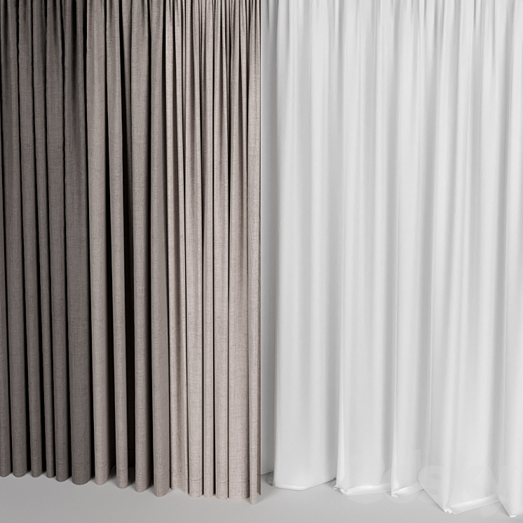 Brown curtains in three colors with tulle. 3D Model