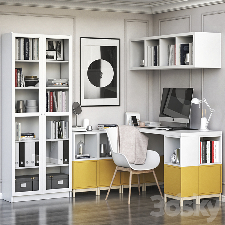 IKEA corner workplace with EKET storages and BILLY OXBERG bookcase 3DS Max - thumbnail 1