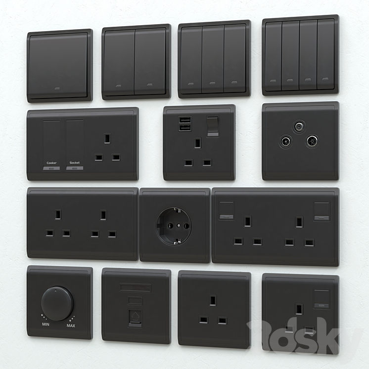 Schneider pieno switches & sockets matte black 3DS Max - thumbnail 1