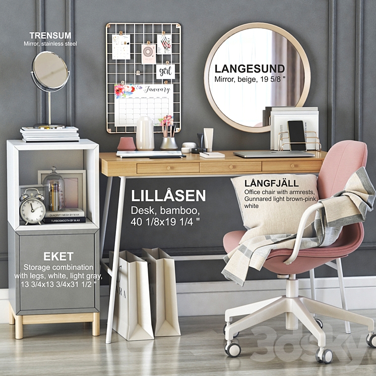 IKEA LILLASEN dressing table and workplace 3DS Max - thumbnail 2