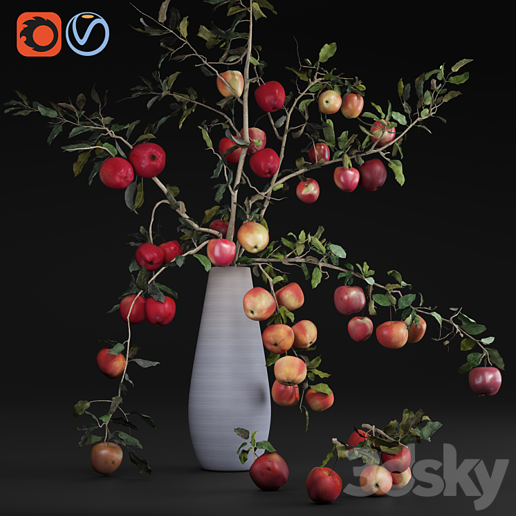 Red Cherry tomato apple branches Dry leaves Vase 3DS Max Model - thumbnail 1