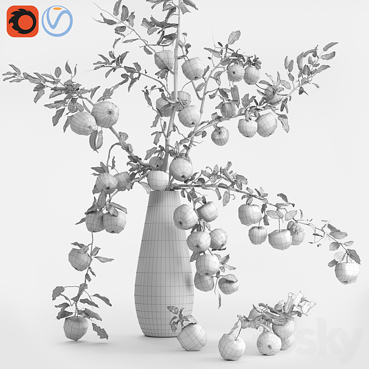 Red Cherry tomato apple branches Dry leaves Vase 3DS Max Model - thumbnail 2