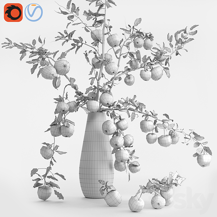 Red Cherry tomato apple branches Dry leaves Vase 3D Model Free