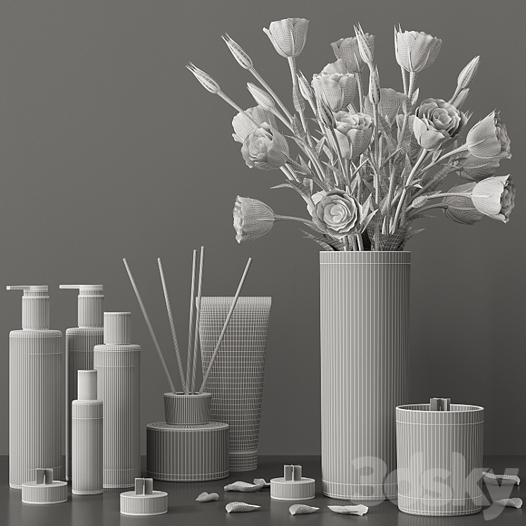 Decorative set with a bouquet of lisianthus and cosmetics 3D Model