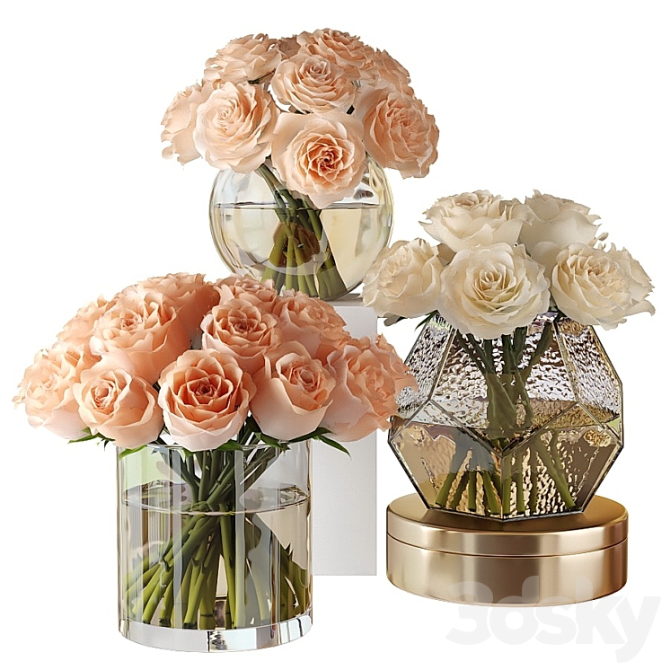 Pink and white roses in glass vases 3DS Max - thumbnail 1