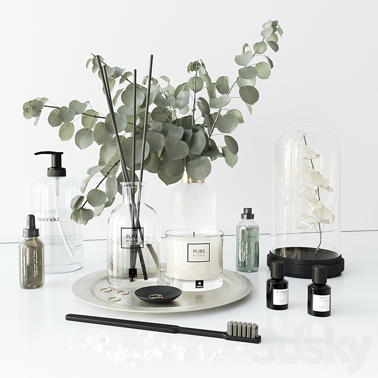 Bathroom set with eucalyptus 3D Model