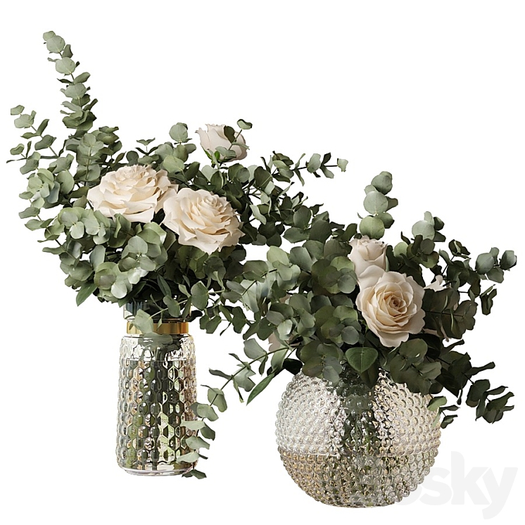 Two bouquets of roses and eucalyptus branches in glass mottled vases 3DS Max - thumbnail 1